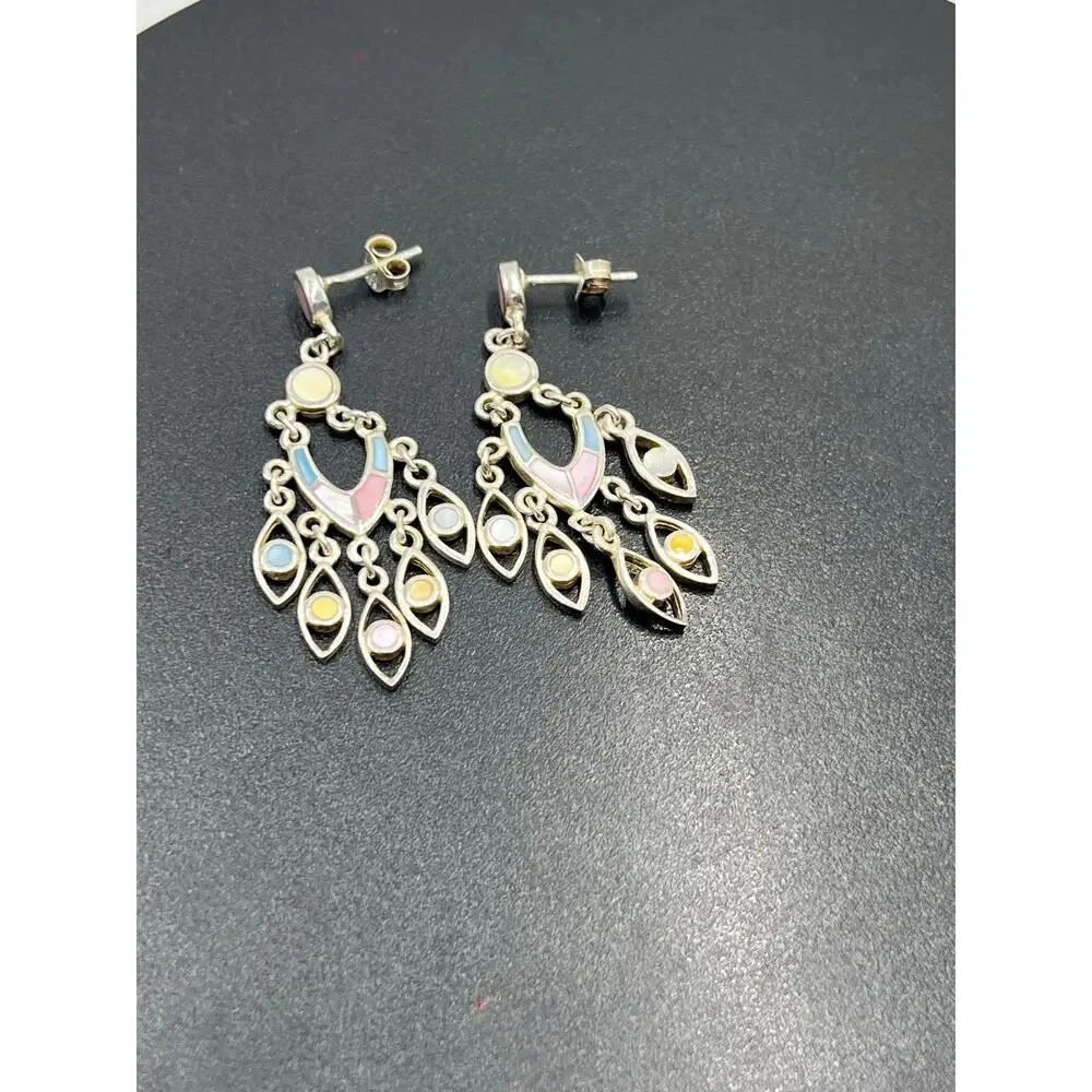 Sterling Silver Pastel Mother‎ of Pearl Inlay Boho Statement Chandelier Earring